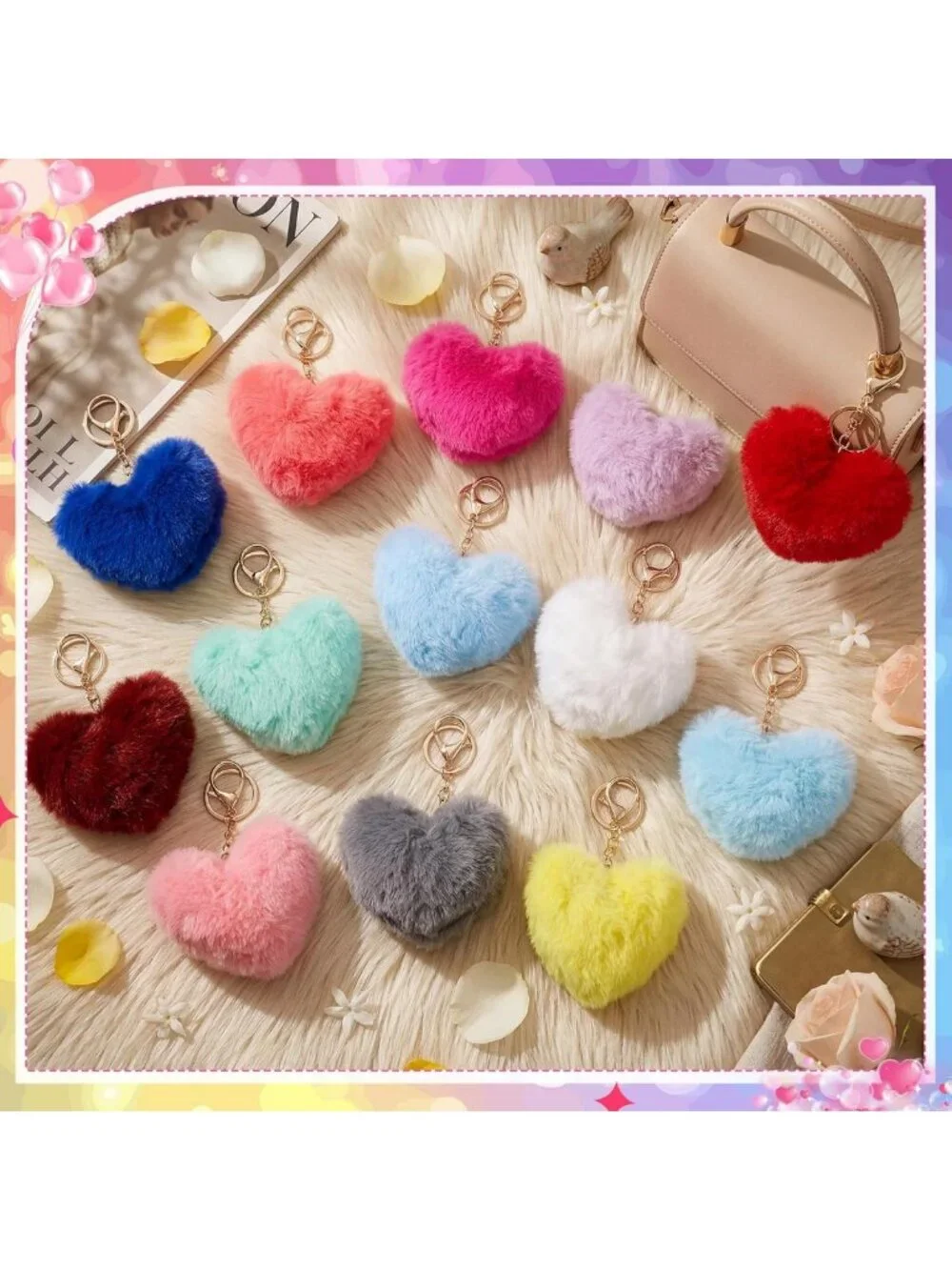 12 Pcs Heart Pom Keychains - Colorful Faux Fur Gifts for Mom & Women, Bulk Set